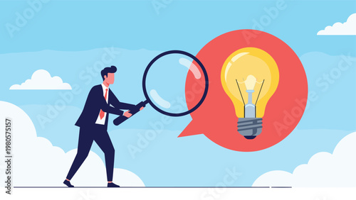 Professional businessman using giant magnifying glass to examine bright lightbulb idea inside red speech bubble icon.