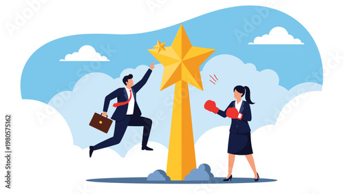 Competitive businessman jumping for large golden star while businesswoman wearing boxing gloves prepares for fight.