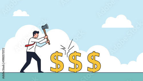 Determined businessman using large axe to chop golden dollar sign symbols representing cost cutting or profit splitting.