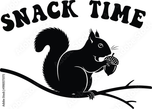 Black silhouette squirrel eating acorn on branch with snack time text