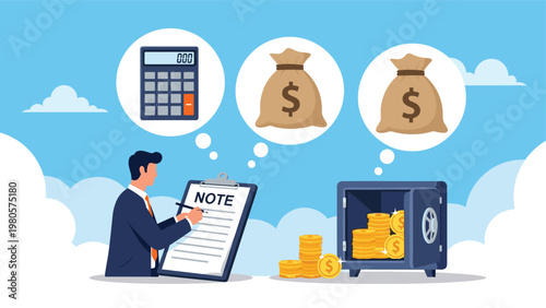 Financial accountant writing notes while thinking about calculator and money bags near safe filled with gold coins.