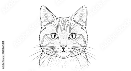 Line Art Portrait of a Tabby Cat Face, Black and White Sketch, Cute Animal Illustration