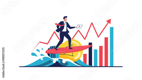 Dynamic businessman surfing on red board over ocean waves with giant lightbulb and rising bar chart background.