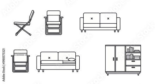 Black and white compact apartment furniture icons, small space furniture set, foldable chair, sofa bed, storage cabinet, minimal line style
