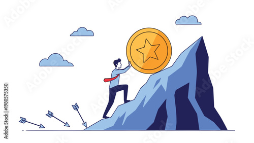 Hardworking businessman pushing giant golden coin with star up steep blue mountain while arrows fly behind him.