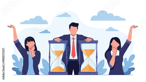 Professional businessman standing between two giant hourglasses while two women raise their hands in stress or joy.