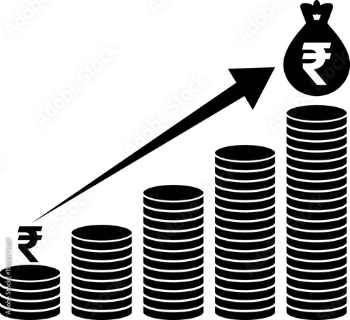Financial Profit Growth Icon with Indian Rupee Currency Stacks of Coins and Upward Arrow, Flat Vector Illustration of Revenue Increase and Wealth Investment for Business Media