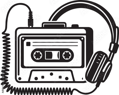 cassette player with headphones line art retro music icon vector illustration