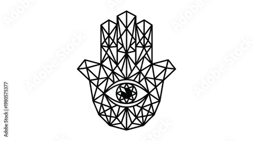 Minimalist Geometric Hamsa Hand with Evil Eye | Modern Hand of Fatima Polygon Line Art Isolated Transparent PNG