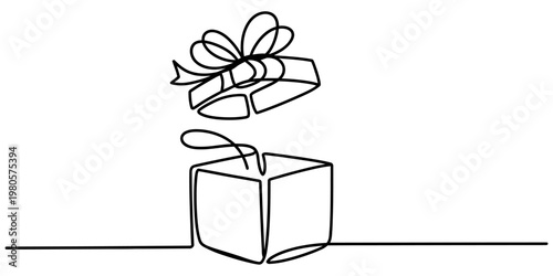 A single continuous line drawing illustration depicting an open gift box with a floating lid top Vector, illustration