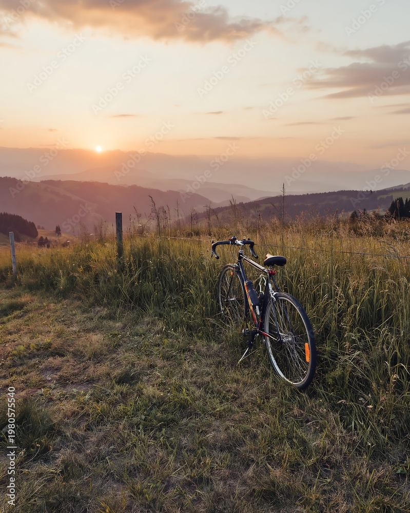 Fototapeta premium Serene Mountain Landscape at Sunset with a Bicycle Resting in Tall Grass, Golden Hour Light