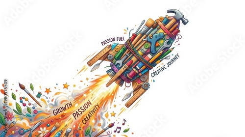 A rocket made of art tools and colorful elements is blasting off with energy and excitement