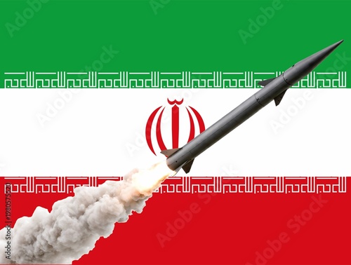 Foto Ballistic missile launch over Iran flag background, representing military power,