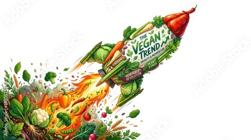 A fruit and vegetable rocket launches, promoting a vegan lifestyle and healthy eating