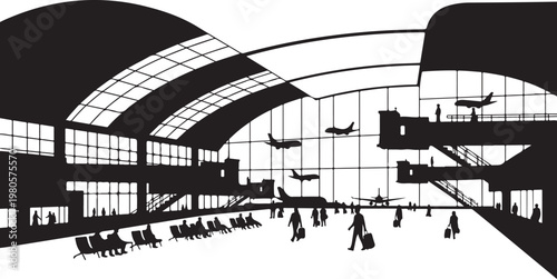 Black and white of airport terminal interior with people and planes