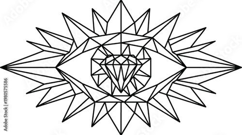 Minimalist Geometric Eye with Diamond Pupil | Modern Starburst Polygon Line Art Isolated Transparent PNG