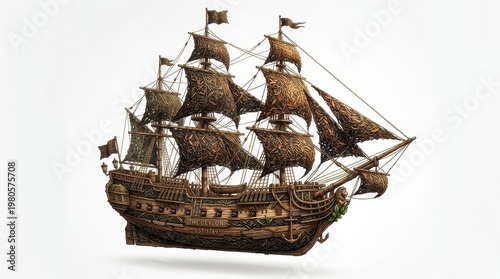 The model ship shows sails and intricate details crafted from wood placed in a light space