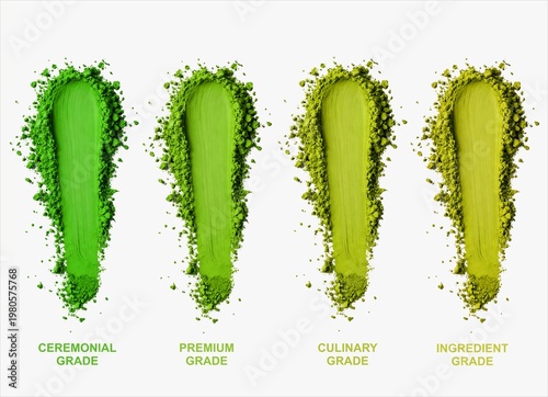 Matcha powder grades comparison from ceremonial to ingredient, showing color variation and texture on clean white background.