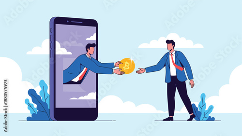 Two professional men conducting a digital currency transaction by exchanging a bitcoin coin across a large smartphone.