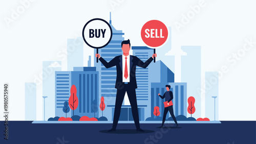 Professional trader holding buy and sell signs in front of a modern city skyline representing stock market trading decisions.