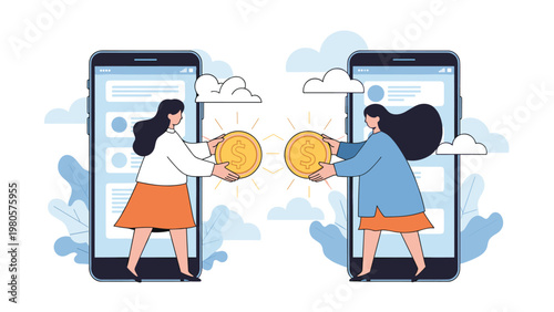 Two professional women exchanging golden dollar coins across two large smartphones representing mobile banking and payments.