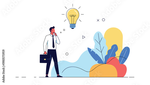 Thoughtful businessman with a briefcase looking up at a glowing lightbulb representing a new innovative business idea.