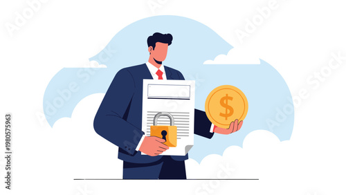 Professional businessman holding a protected locked document and a golden dollar coin for secure financial transactions.
