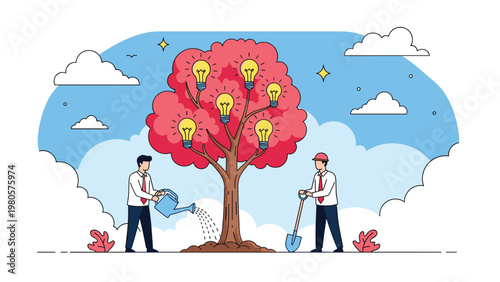 Two professional men working together to water and cultivate a large tree with many glowing lightbulbs representing innovation.