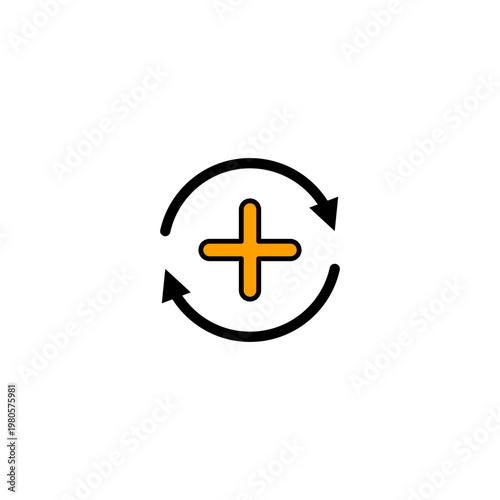 Minimalist icon of an orange plus sign or medical cross surrounded by two circular black arrows. 