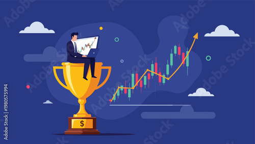 Successful stock market investor sitting on a golden trophy cup while analyzing rising financial growth charts and making profitable trade decisions.