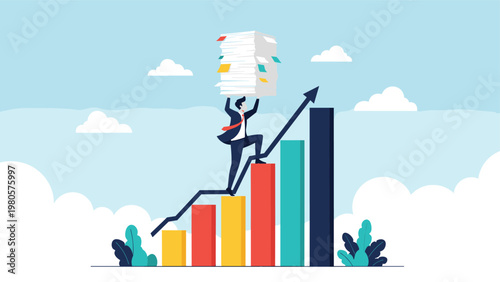 Hardworking businessman carrying a large stack of papers while climbing up a colorful bar chart representing work load.