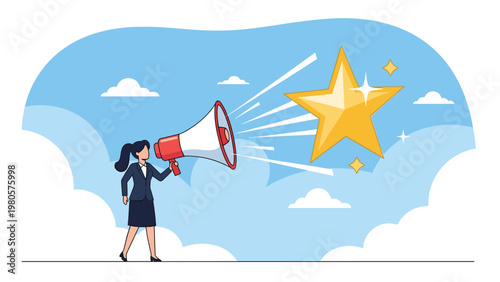 Professional woman in a suit using a megaphone to announce or reach for a giant golden star against a blue sky background.