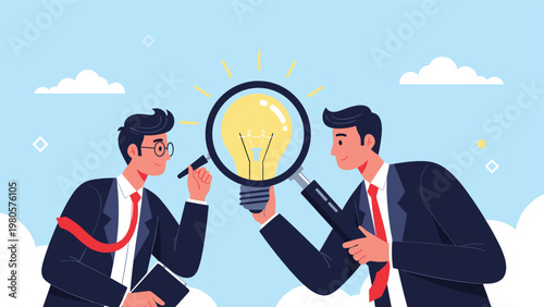 Team of two professional businessmen examining a glowing lightbulb with magnifying glasses to find innovative business solutions.