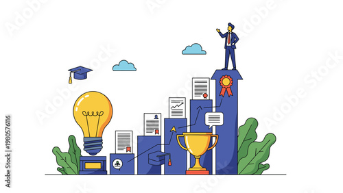 Successful businessman standing on the highest bar of a chart surrounded by trophies lightbulbs and academic achievement icons.