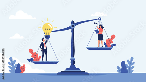 Scales of balance comparing an innovative man with a lightbulb and a professional woman working on a laptop computer.