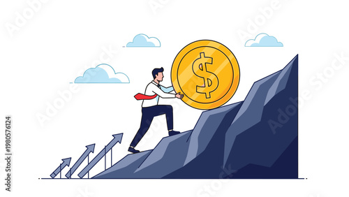 Determined businessman pushing a massive gold dollar coin up a steep rocky mountain representing hard work and inflation.