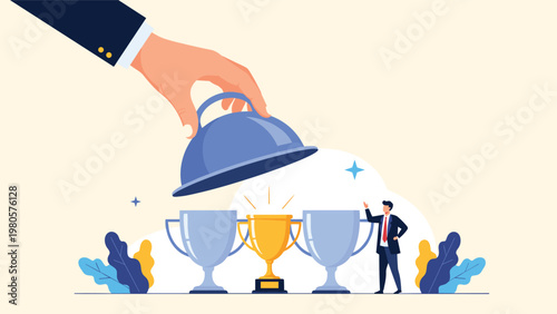 Giant hand lifting a blue restaurant cloche to reveal a golden trophy between two silver cups as a businessman watches.
