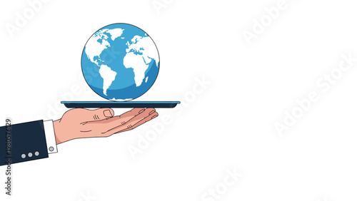 Professional hand in a suit holding a blue tray with the planet earth on it representing global business and connectivity.