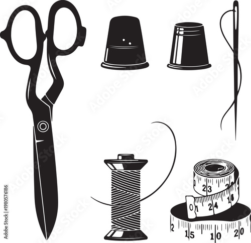 Black and white of sewing tools scissors thimble needle