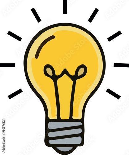 Yellow light bulb with mustache and bright idea rays cartoon