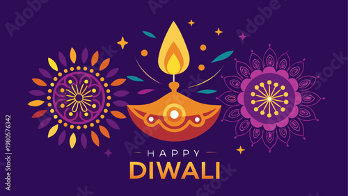 Colorful diwali diya lamps with fireworks and festive glow