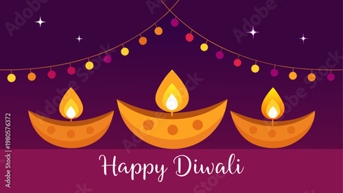 Celebration of diwali with three lit oil lamps on a decorative base