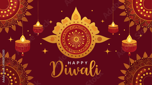 Golden diwali festival emblem with lit oil lamps and flowers