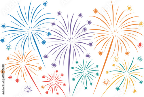 Konstfotografi Vibrant firework explosion set with dynamic lines and sparkles for holiday desig