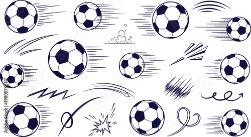 Sketch like illustration of multiple soccer balls in dynamic motion