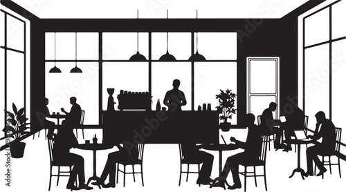 Black and white silhouette of people sitting at tables in a cafe