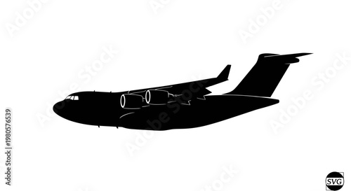 Silhouette of a large cargo airplane against a white background