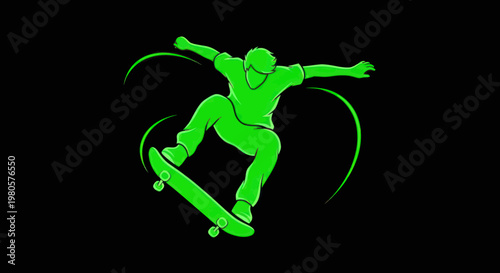 Skateboarder performing aerial trick, neon green silhouette on black background, action sport
