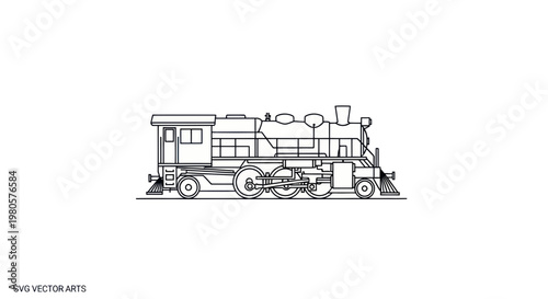 Vintage Steam Locomotive Blueprint Vector Drawing on White Background
