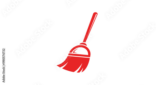 Red Broom Icon on White Background - Cleaning Symbol
